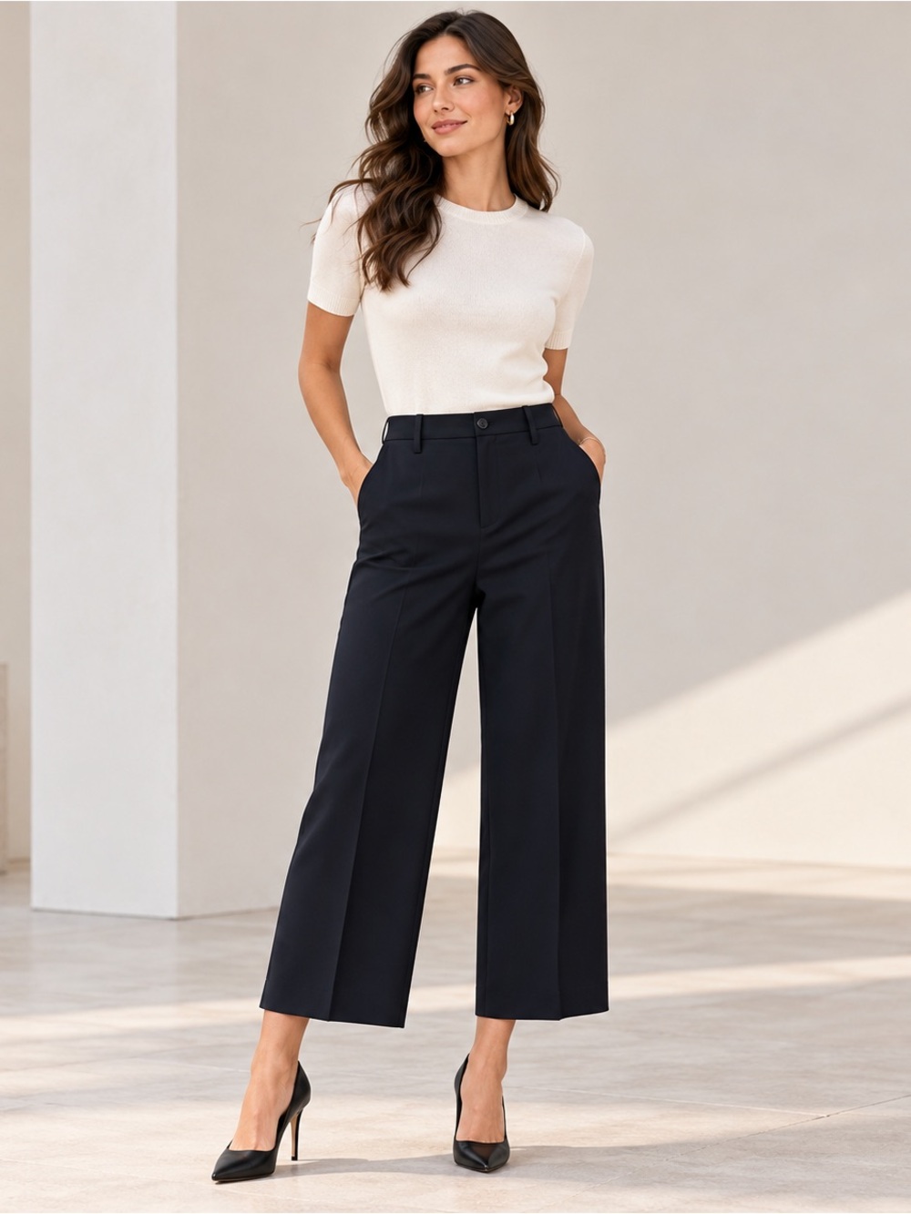 Banana Republic Washable Stretch Wide Leg Crop Pants Black Size 4L NWT High Rise
